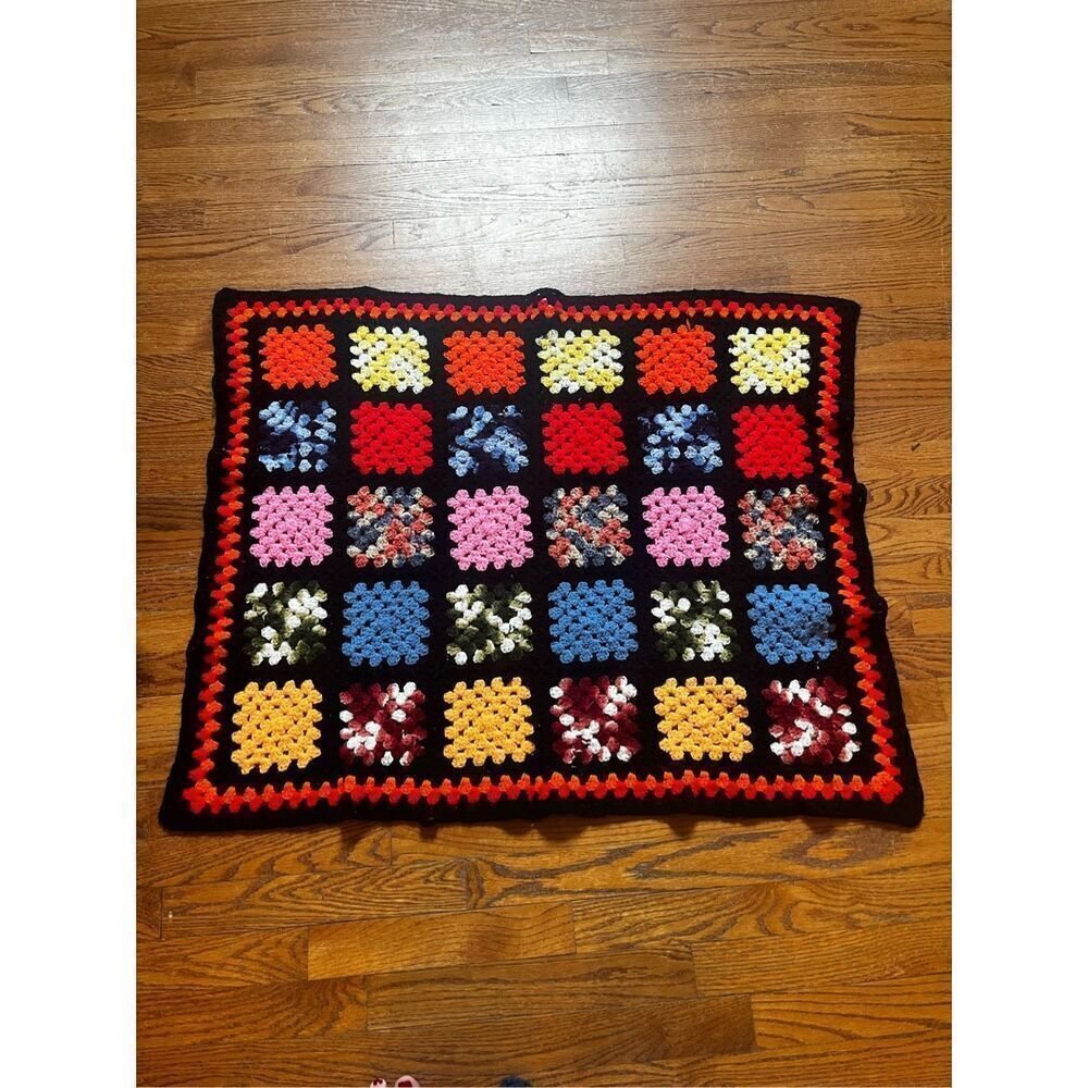 Black Trim Multi Color Granny Square Hand Knit Baby Blanket EUC